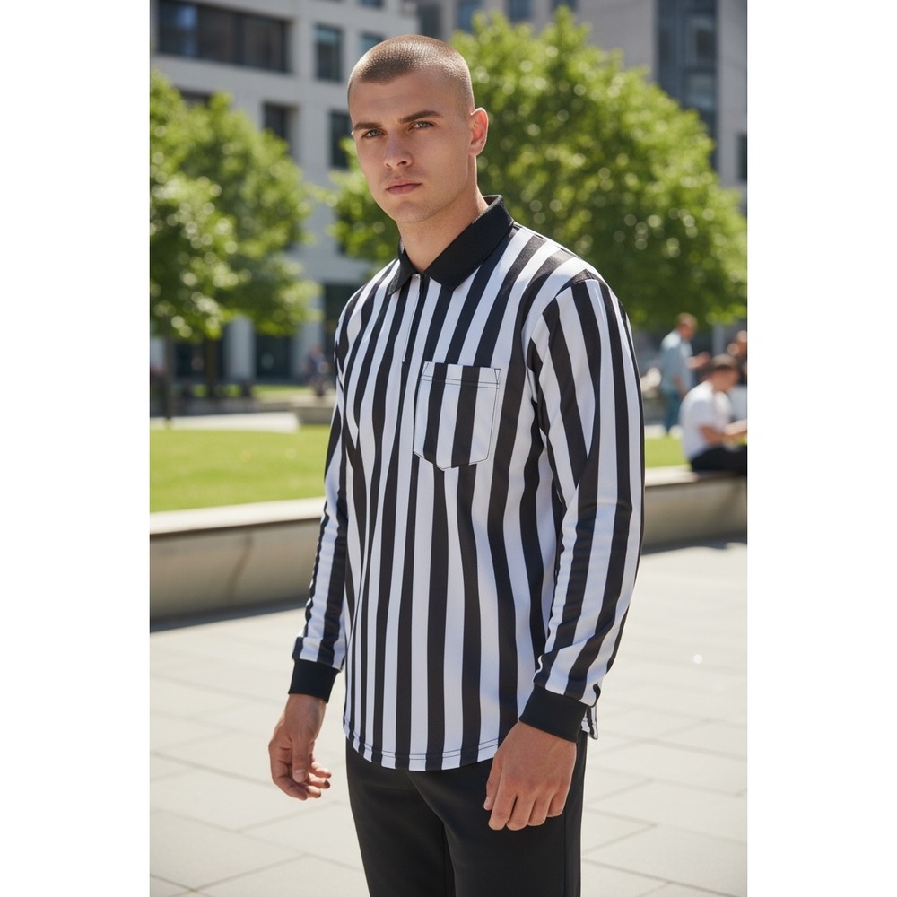 265 Teamwork Athletic Apparel Referee Shirt Mens XL Black White Stripe 1/4 Zip